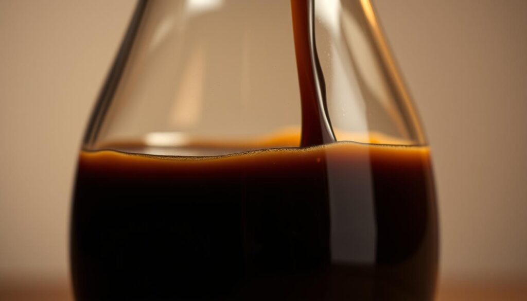 A close-up of a glass container filled with a thick, viscous coffee syrup. The syrup has a rich, dark brown color and a silky, glossy texture. The container is illuminated from behind, casting soft, warm lighting that accentuates the syrup's smooth and velvety appearance. The background is blurred, creating a minimalist, studio-like setting that focuses the viewer's attention on the captivating syrup. The image conveys a sense of artisanal craftsmanship and a desire to prevent any unwanted crystallization, preserving the syrup's luxurious mouthfeel and flavor.