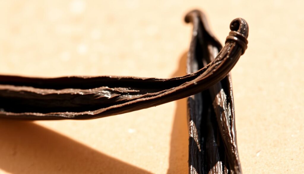 A close-up of a single, plump vanilla bean pod, its rich brown hue contrasting against a soft, diffused background. The pod is split lengthwise, revealing the fragrant, black seeds within. Warm, natural lighting accentuates the pod's supple texture and the tiny specks of vanilla, casting subtle shadows that add depth and dimension. The image conveys the essence of pure, aromatic vanilla, highlighting its versatility as a key ingredient for elevated culinary creations.