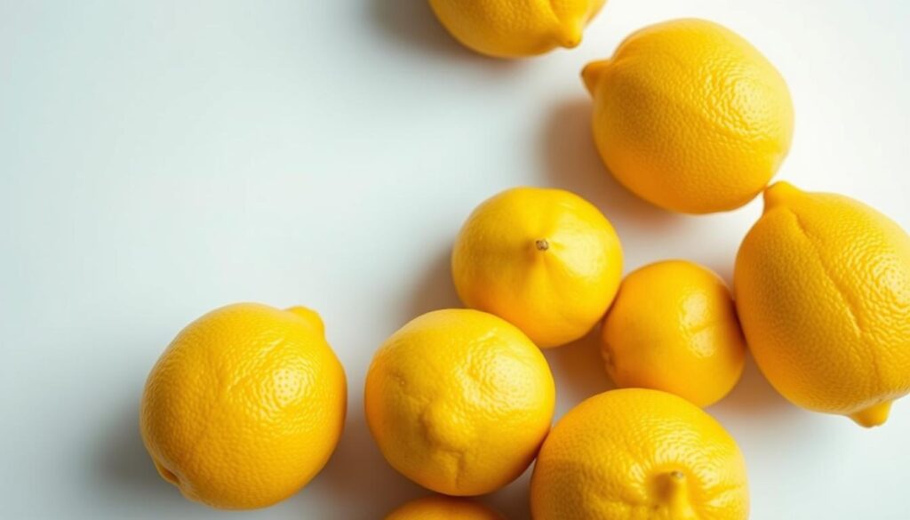 A close-up photograph of ripe, juicy lemons on a simple white background, captured with a crisp, high-resolution lens. The lemons are meticulously detailed, showcasing their vibrant yellow hue, waxy skin, and dimpled texture. The lighting is soft and diffused, creating gentle shadows that accentuate the form and depth of the fruit. The composition is clean and minimalist, allowing the lemons to be the sole focus, conveying a sense of simplicity and elegance. This image would perfectly complement the "Simple variations and substitutions" section of the "Creamy lemon sherbet recipe: The Perfect Summer Dessert" article.