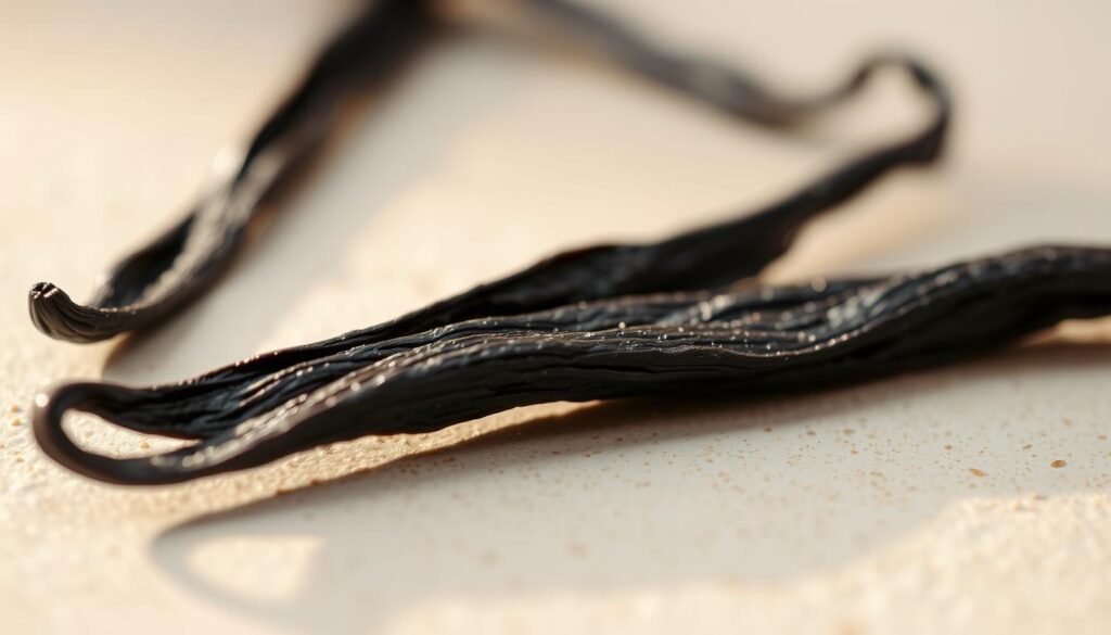 A close-up shot of a single vanilla bean pod, resting on a neutral, light-colored surface. The pod is split lengthwise, revealing the dark, sticky seeds and the distinctive vanilla aroma. The lighting is soft and diffuse, creating a warm, inviting atmosphere. The focus is sharp on the textured exterior of the pod, highlighting its wrinkled, slightly shiny surface. The background is subtly blurred, allowing the viewer to concentrate on the intricate details of the vanilla bean. The overall mood is one of simplicity, purity, and the promise of delicious, homemade ice cream.