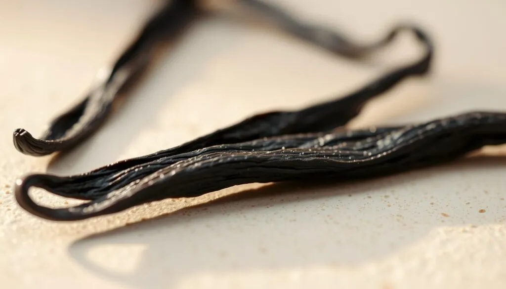A close-up shot of a single vanilla bean pod, resting on a neutral, light-colored surface. The pod is split lengthwise, revealing the dark, sticky seeds and the distinctive vanilla aroma. The lighting is soft and diffuse, creating a warm, inviting atmosphere. The focus is sharp on the textured exterior of the pod, highlighting its wrinkled, slightly shiny surface. The background is subtly blurred, allowing the viewer to concentrate on the intricate details of the vanilla bean. The overall mood is one of simplicity, purity, and the promise of delicious, homemade ice cream. A close-up shot of a single vanilla bean pod, resting on a neutral, light-colored surface. The pod is split lengthwise, revealing the dark, sticky seeds and the distinctive vanilla aroma. The lighting is soft and diffuse, creating a warm, inviting atmosphere. The focus is sharp on the textured exterior of the pod, highlighting its wrinkled, slightly shiny surface. The background is subtly blurred, allowing the viewer to concentrate on the intricate details of the vanilla bean. The overall mood is one of simplicity, purity, and the promise of delicious, homemade ice cream.