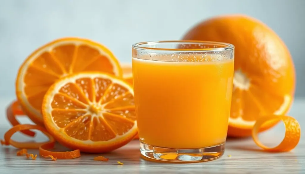 A close-up shot of orange slices, zest, and a glass of freshly squeezed orange juice set against a soft, natural light background. The oranges are vibrant and juicy, their peels peeled in long, curling strips, revealing the bright, aromatic zest. The glass of juice is positioned in the foreground, condensation beading on the surface, creating a refreshing, summery atmosphere. The lighting is soft and diffused, highlighting the rich, warm tones of the oranges and the translucent quality of the juice. The overall composition is balanced and visually appealing, emphasizing the essential ingredients for a delicious orange sherbet ice cream.
