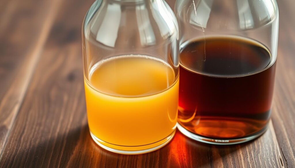 A close-up shot of two glass containers, one filled with light amber-colored corn syrup and the other with a rich, dark brown syrup. The containers are placed on a wooden surface, with soft, diffused lighting casting gentle shadows and highlights on the surfaces. The contrast between the two syrups is emphasized, showcasing their distinct viscosities and hues. The overall composition has a clean, minimalist aesthetic, drawing the viewer's attention to the key differences between light and dark corn syrups.