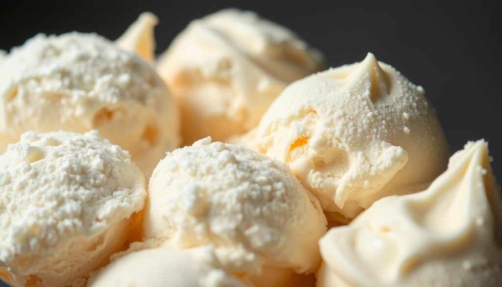 A close-up shot of various textures of ice cream, including powdery, icy, and too stiff variants. The foreground features an array of textural details, with the midground showcasing the different ice cream consistencies under soft, directional lighting. The background is blurred, allowing the focus to remain on the tactile qualities of the ice cream. The overall mood is crisp, clinical, and inviting, drawing the viewer's attention to the nuanced textures that can arise when troubleshooting the ideal Ninja Creami protein ice cream.