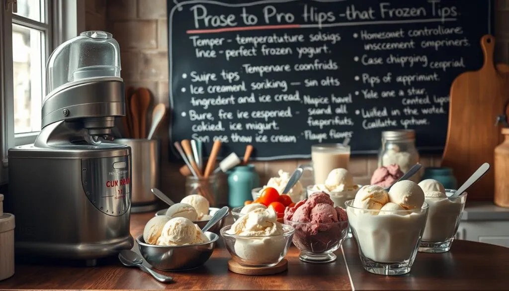 A cozy kitchen counter lined with an array of ice cream scoops, spoons, and toppings. In the foreground, a vintage ice cream maker churns fresh, creamy goodness. Overhead, soft, natural lighting casts a warm glow, highlighting the textures of homemade ice cream, sorbet, and frozen yogurt in glass bowls. In the background, a chalkboard displays handwritten "pro tips" for achieving the perfect frozen treat - temperature control, ingredient ratios, and flavor combination suggestions. The overall scene exudes a sense of craftsmanship, attention to detail, and a passion for the art of ice cream making. A cozy kitchen counter lined with an array of ice cream scoops, spoons, and toppings. In the foreground, a vintage ice cream maker churns fresh, creamy goodness. Overhead, soft, natural lighting casts a warm glow, highlighting the textures of homemade ice cream, sorbet, and frozen yogurt in glass bowls. In the background, a chalkboard displays handwritten "pro tips" for achieving the perfect frozen treat - temperature control, ingredient ratios, and flavor combination suggestions. The overall scene exudes a sense of craftsmanship, attention to detail, and a passion for the art of ice cream making.