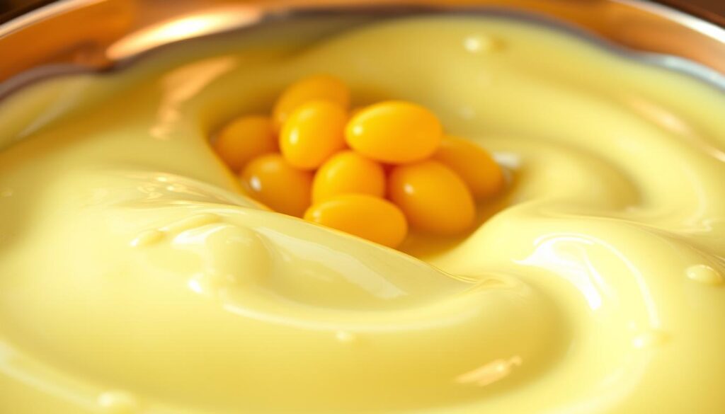 A creamy, golden custard in the foreground, with a silky smooth texture and a glistening sheen. Delicate vanilla bean specks dotting the surface, hinting at the rich, aromatic flavor within. Soft, yielding curves of the custard, a testament to the precise temperature and gentle stirring during its preparation. In the middle ground, a pile of fresh egg yolks, their vibrant orange hues shining, the key to the custard's luxurious mouthfeel. Surrounding the custard, a gleaming copper saucepan, reflecting the warm lighting and creating a cozy, inviting atmosphere. Subtle shadows and highlights accentuate the depth and dimension of the scene, drawing the viewer's eye to the intricate details of this fundamental ice cream component.