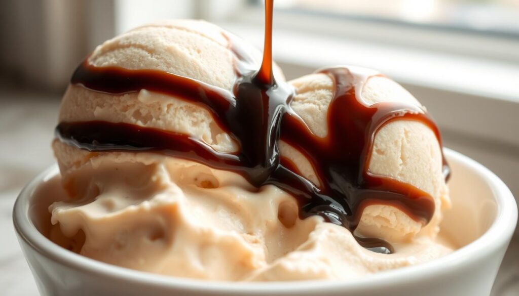 A creamy, thick malt ice cream with a swirl of rich chocolate malt syrup. The ice cream has a smooth, custard-like texture, with subtle notes of toasted malt and vanilla. Soft, pale beige in color, the ice cream is scooped into a white ceramic bowl, catching the soft, natural light from a nearby window. A drizzle of the dark chocolate malt syrup cascades over the surface, creating an elegant, marbled effect. The overall scene has a comforting, nostalgic feel, evoking memories of classic malted milkshakes and old-fashioned soda fountains. A creamy, thick malt ice cream with a swirl of rich chocolate malt syrup. The ice cream has a smooth, custard-like texture, with subtle notes of toasted malt and vanilla. Soft, pale beige in color, the ice cream is scooped into a white ceramic bowl, catching the soft, natural light from a nearby window. A drizzle of the dark chocolate malt syrup cascades over the surface, creating an elegant, marbled effect. The overall scene has a comforting, nostalgic feel, evoking memories of classic malted milkshakes and old-fashioned soda fountains.