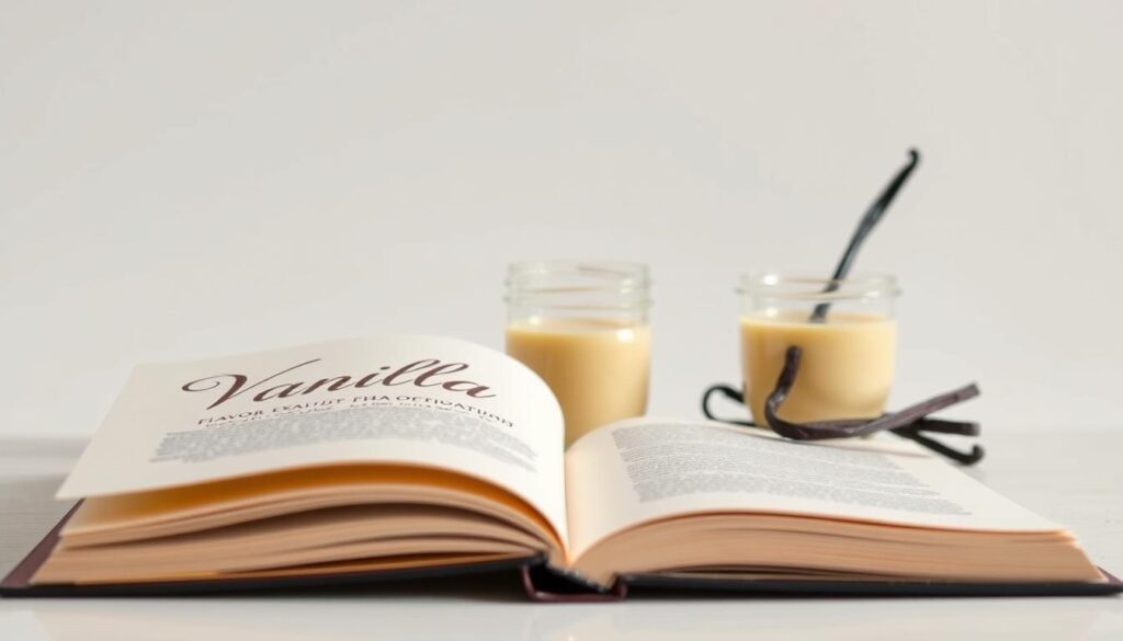 A crisp, clean still life of vanilla brand notes against a minimalist background. In the foreground, elegant cursive script unfurls across cream-colored pages, revealing the brand name and flavor profile in muted tones. The middle ground showcases a simple yet refined glass container, its contents a luscious, creamy vanilla extract. Soft, diffused lighting bathes the scene in a warm, inviting glow, conveying a sense of indulgence and quality. The background is a neutral palette of whites and grays, allowing the vanilla-themed elements to take center stage. A visually captivating representation of the essence of premium vanilla, perfect for the "Brand-by-Brand Notes" section of the "Dairy Free Ice Cream" article.