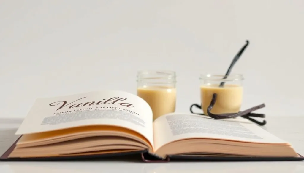 A crisp, clean still life of vanilla brand notes against a minimalist background. In the foreground, elegant cursive script unfurls across cream-colored pages, revealing the brand name and flavor profile in muted tones. The middle ground showcases a simple yet refined glass container, its contents a luscious, creamy vanilla extract. Soft, diffused lighting bathes the scene in a warm, inviting glow, conveying a sense of indulgence and quality. The background is a neutral palette of whites and grays, allowing the vanilla-themed elements to take center stage. A visually captivating representation of the essence of premium vanilla, perfect for the "Brand-by-Brand Notes" section of the "Dairy Free Ice Cream" article.