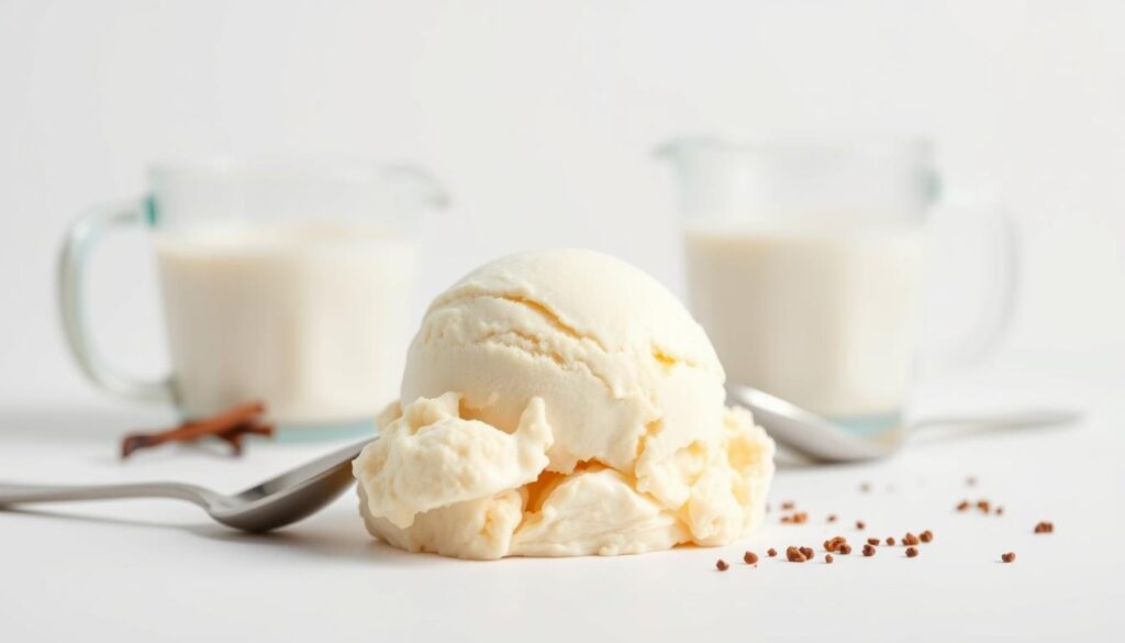 A crisp, pristine white backdrop sets the stage for a delectable homemade ice cream scene. In the foreground, a tempting scoop of rich, creamy ice cream glistens under soft, natural lighting, beckoning the viewer to indulge. The ice cream's smooth, velvety texture is evident, with no visible signs of eggs or yolks. Surrounding the central ice cream scoop are a few simple, yet essential ingredients - a measuring cup filled with fresh cream, a spoon, and perhaps a sprinkle of vanilla extract. The overall composition exudes a sense of simplicity and purity, perfectly capturing the essence of an "ice cream recipe no eggs" experience.