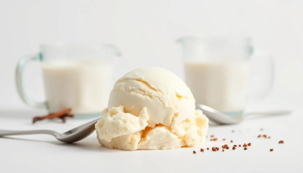 A crisp, pristine white backdrop sets the stage for a delectable homemade ice cream scene. In the foreground, a tempting scoop of rich, creamy ice cream glistens under soft, natural lighting, beckoning the viewer to indulge. The ice cream's smooth, velvety texture is evident, with no visible signs of eggs or yolks. Surrounding the central ice cream scoop are a few simple, yet essential ingredients - a measuring cup filled with fresh cream, a spoon, and perhaps a sprinkle of vanilla extract. The overall composition exudes a sense of simplicity and purity, perfectly capturing the essence of an "ice cream recipe no eggs" experience. A crisp, pristine white backdrop sets the stage for a delectable homemade ice cream scene. In the foreground, a tempting scoop of rich, creamy ice cream glistens under soft, natural lighting, beckoning the viewer to indulge. The ice cream's smooth, velvety texture is evident, with no visible signs of eggs or yolks. Surrounding the central ice cream scoop are a few simple, yet essential ingredients - a measuring cup filled with fresh cream, a spoon, and perhaps a sprinkle of vanilla extract. The overall composition exudes a sense of simplicity and purity, perfectly capturing the essence of an "ice cream recipe no eggs" experience.