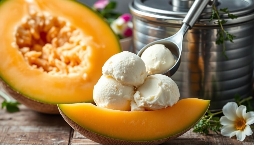 A crisp, step-by-step visual guide to crafting the perfect cantaloupe and ice cream treat. In the foreground, an expertly sliced cantaloupe, its juicy orange flesh glistening under warm, soft lighting. In the middle ground, a metal ice cream scoop deftly carving out creamy, pale scoops, ready to be paired with the sweet melon. The background features a vintage-inspired ice cream maker, its silver surface polished to a shine, surrounded by fresh herbs and summer blooms, evoking a sense of rustic, homemade indulgence. The overall mood is one of anticipation and culinary delight, inviting the viewer to savor the flavors of the season.