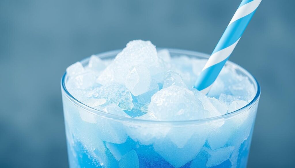 A crystalline blue raspberry slushie, its frosty surface glistening under soft, natural lighting. The drink is served in a tall, transparent glass, allowing the vibrant hue to shine through. Swirls of blue and white create a mesmerizing visual, evoking the refreshing coolness of a summer's day. The icy, granular texture is palpable, begging to be savored. Hints of tart berry sweetness linger, perfectly balanced. A thin, spiral straw protrudes from the top, inviting the viewer to take a sip and experience the delightful sensation of this homemade blue raspberry treat.