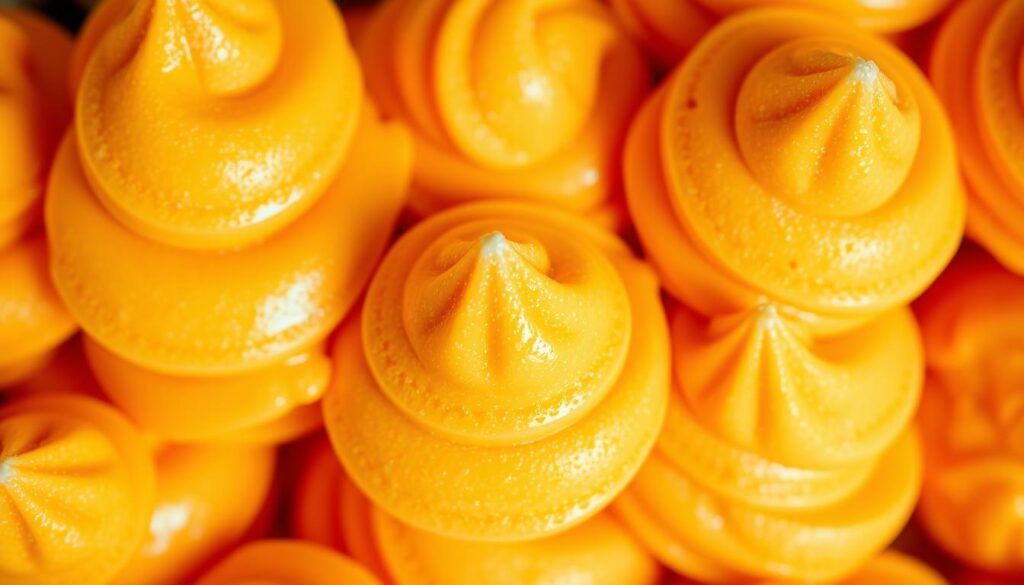 A delectable arrangement of orange sherbet scoops, their vibrant hue reminiscent of a sunset. Glistening tips crowned with a fluffy, cloud-like sorbet texture, tempting the senses. Subtly swirled patterns create a visually captivating interplay of soft, creamy layers. Crisp, clean lighting from above accentuates the smooth, velvety finish, while a slightly reflective surface adds depth and dimension. The overall scene exudes a refreshing, summertime mood, inviting the viewer to savor the delightful contrast between the sherbet and sorbet components.