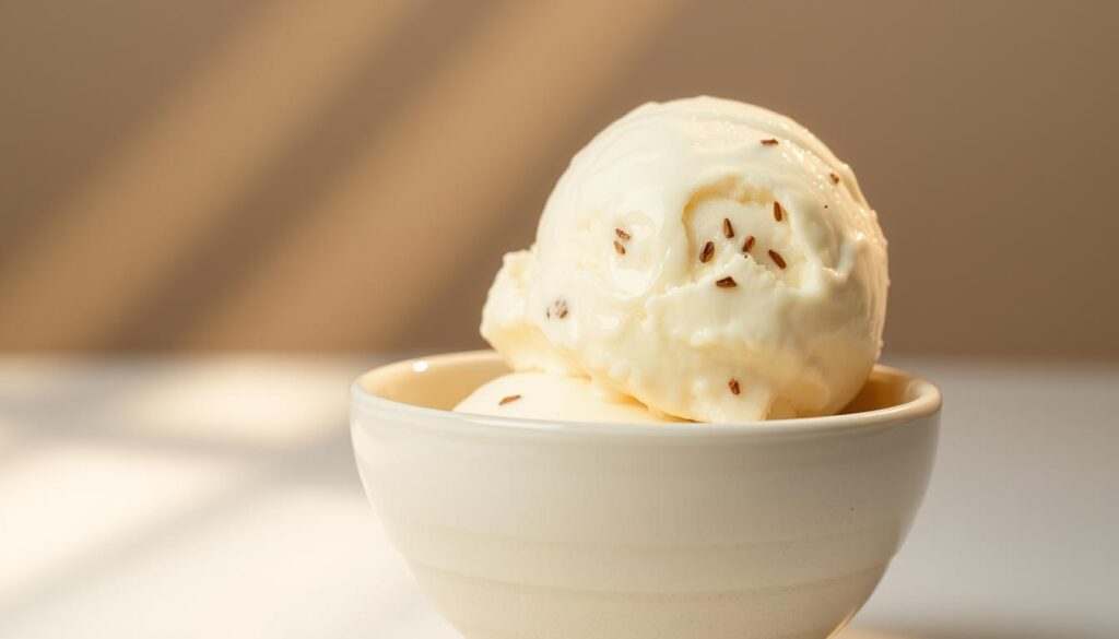 A delectable scoop of creamy vanilla bean ice cream, glistening with a glossy sheen, rests atop a light-colored ceramic bowl. Beams of warm, diffused lighting cascade upon the frozen treat, casting soft shadows and highlighting its inviting texture. The ice cream's smooth, velvety appearance is complemented by the subtle flecks of vanilla bean that dot its surface, hinting at the rich, aromatic flavor within. Surrounding the bowl, a clean, minimalist backdrop emphasizes the ice cream's delicate beauty, inviting the viewer to indulge in this timeless dessert.