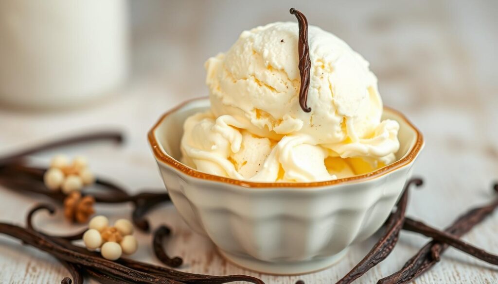 A delectable scoop of homemade vanilla ice cream, its smooth and creamy texture glistening under soft, warm lighting. The ice cream sits atop a vintage-inspired ceramic bowl, its pure white hue accented by subtle vanilla bean flecks throughout. Surrounding the bowl, a scattering of fresh vanilla pods, their fragrant pods split open to reveal the precious seeds within. The overall scene evokes a timeless, old-fashioned charm, perfect for showcasing the endless flavor possibilities of this classic frozen treat.