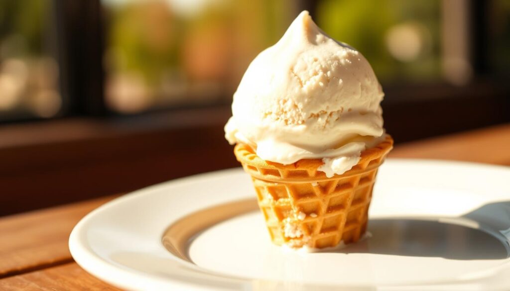 A delectable scoop of rich, creamy vanilla ice cream, nestled in a classic waffle cone, glistening with a light sheen under warm afternoon sunlight. The ice cream is served on a crisp white plate, surrounded by a subtle bokeh effect that draws the viewer's focus to the centerpiece. The lighting casts soft shadows, emphasizing the smooth, inviting texture of the frozen treat. The overall scene evokes a sense of nostalgia and the simple pleasures of a timeless summer treat, perfect for illustrating the "Serving, Storage, and Nutrition Notes" section of the article on homemade ice cream.