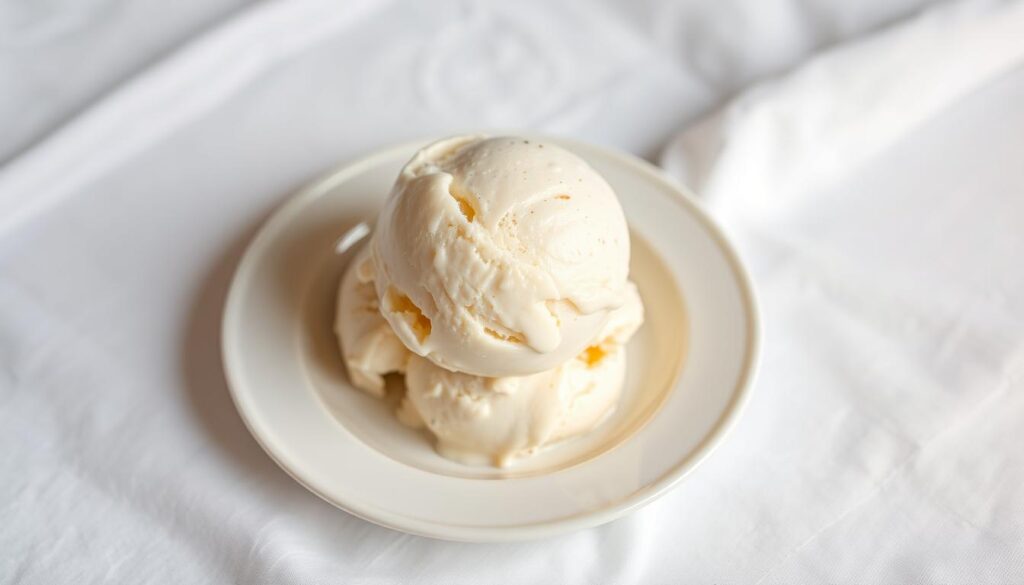 A delectable scoop of vanilla bean ice cream, its creamy texture glistening under soft, warm lighting. The ice cream sits atop a pristine white dish, a sprinkling of vanilla bean specks visible throughout. Surrounding the dish, a simple yet elegant table setting, with a plain white linen backdrop providing a clean, minimalist canvas. The overall composition exudes a sense of comforting simplicity, allowing the rich, indulgent nature of the ice cream to take center stage.