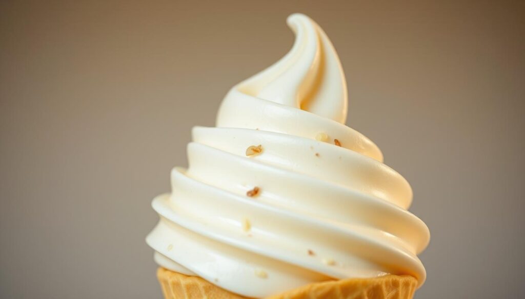 A delectable swirl of soft serve ice cream, its silky texture glistening under a warm spotlight. The creamy, pale yellow treat rises in a gentle peak, its surface smooth and inviting. Flecks of vanilla bean dot the ice cream, hinting at its rich, comforting flavor. The cone beneath is crisp and golden, providing a sturdy base for the luscious confection. Captured from a low angle, the soft serve appears to almost float, its airy, indulgent nature emphasized by the clean, minimalist background. The lighting casts a soft, warm glow, heightening the appetizing appeal of this artisanal frozen delight.