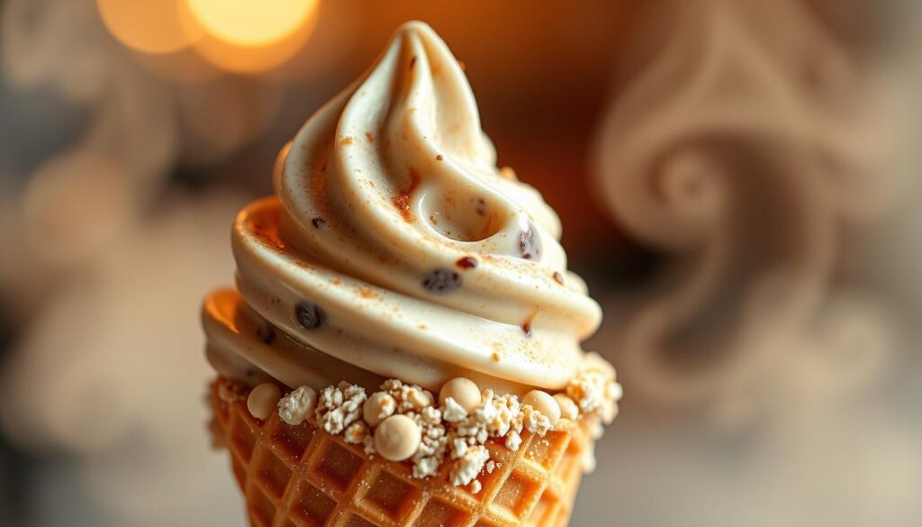 A delightful scoop of malt ice cream sits atop a waffle cone, its rich, creamy texture glistening under a soft, warm light. The center is a swirling vortex of deep, toasted malt flavor, accented by flecks of vanilla bean. Around the base, a dusting of crushed malted milk balls adds a playful crunch, complementing the smooth, indulgent frozen treat. In the background, a hazy, dreamy atmosphere evokes the nostalgic charm of an old-fashioned soda fountain, setting the stage for this creative variation on a classic dessert. A delightful scoop of malt ice cream sits atop a waffle cone, its rich, creamy texture glistening under a soft, warm light. The center is a swirling vortex of deep, toasted malt flavor, accented by flecks of vanilla bean. Around the base, a dusting of crushed malted milk balls adds a playful crunch, complementing the smooth, indulgent frozen treat. In the background, a hazy, dreamy atmosphere evokes the nostalgic charm of an old-fashioned soda fountain, setting the stage for this creative variation on a classic dessert.