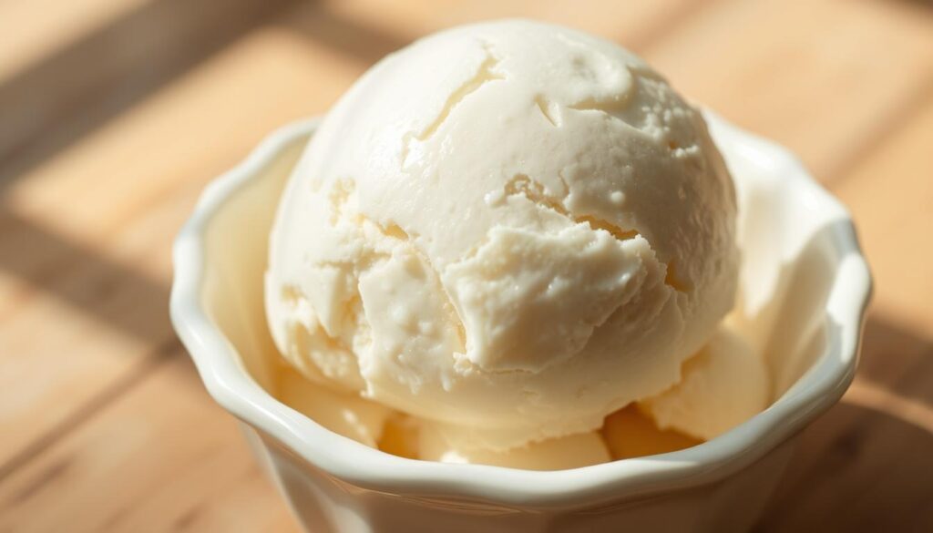 A delightful scoop of vanilla ice cream, glistening under soft, warm lighting. The creamy texture is evident, with subtle flecks of vanilla bean visible throughout. The ice cream sits atop a vintage ceramic bowl, its classic white glaze complementing the cool, smooth treat. Shadows play across the surface, adding depth and dimension. The overall scene evokes a sense of nostalgia and comfort, perfectly suited for an article on homemade, old-fashioned ice cream.