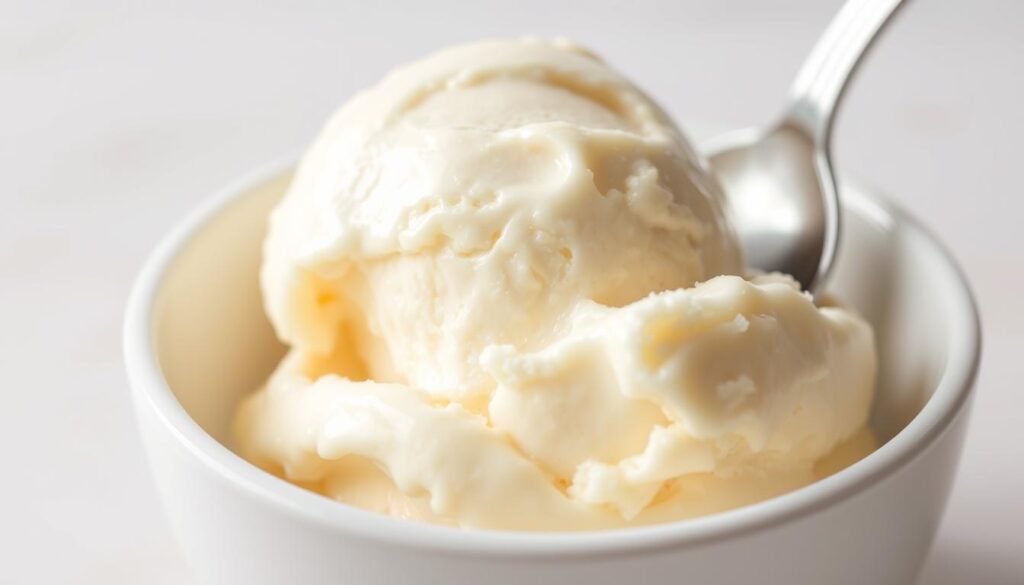 A fresh, creamy scoop of vanilla ice cream, glistening under soft, diffused lighting. The surface is smooth and glossy, inviting a spoon to sink in and reveal the rich, velvety interior. The ice cream is scooped into a simple, classic white ceramic bowl, complementing the pure, natural flavor. Delicate wisps of condensation drift up from the chilled confection, hinting at the satisfying coolness within. The overall scene exudes a sense of refined elegance and attention to detail, capturing the essence of serving the perfect bowl of homemade vanilla ice cream.
