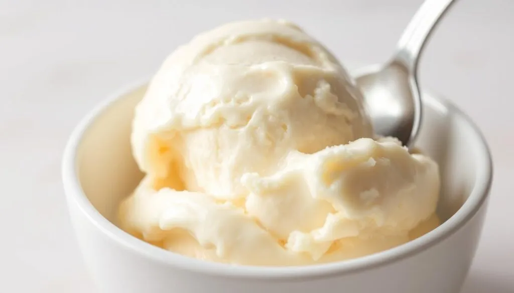 A fresh, creamy scoop of vanilla ice cream, glistening under soft, diffused lighting. The surface is smooth and glossy, inviting a spoon to sink in and reveal the rich, velvety interior. The ice cream is scooped into a simple, classic white ceramic bowl, complementing the pure, natural flavor. Delicate wisps of condensation drift up from the chilled confection, hinting at the satisfying coolness within. The overall scene exudes a sense of refined elegance and attention to detail, capturing the essence of serving the perfect bowl of homemade vanilla ice cream. A fresh, creamy scoop of vanilla ice cream, glistening under soft, diffused lighting. The surface is smooth and glossy, inviting a spoon to sink in and reveal the rich, velvety interior. The ice cream is scooped into a simple, classic white ceramic bowl, complementing the pure, natural flavor. Delicate wisps of condensation drift up from the chilled confection, hinting at the satisfying coolness within. The overall scene exudes a sense of refined elegance and attention to detail, capturing the essence of serving the perfect bowl of homemade vanilla ice cream.