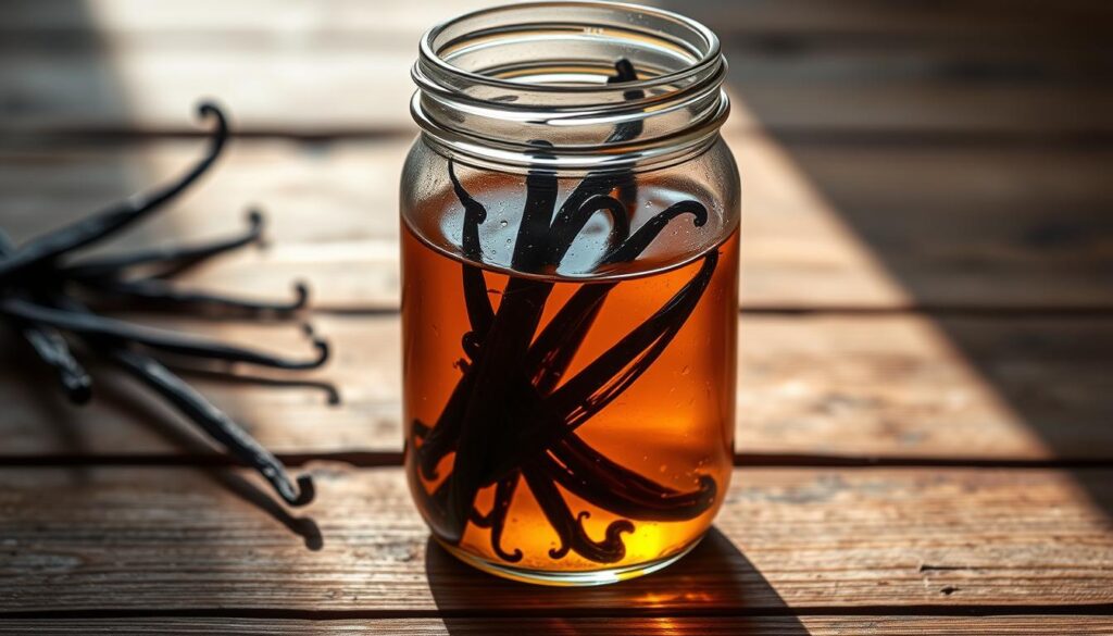 A glass jar filled with a clear, amber-colored liquid, showcasing a cluster of glistening vanilla beans suspended within. The jar is positioned on a rustic wooden surface, illuminated by soft, natural lighting that casts subtle shadows and highlights the texture of the ingredients. The overall composition evokes a sense of simplicity, elegance, and the inviting aroma of vanilla. The scene is captured from a slightly elevated angle, allowing the viewer to appreciate the intricate details of the vanilla bean simple syrup.