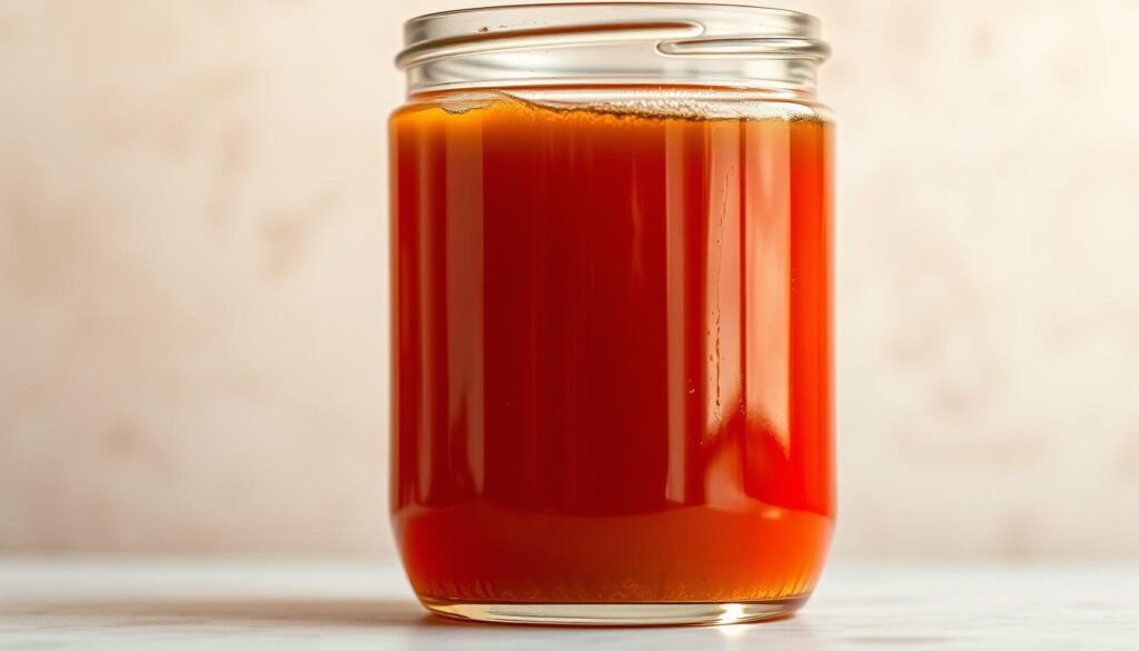 A glass jar filled with a thick, viscous liquid with a deep, amber hue, casting a warm, inviting glow. The jar is set against a neutral background, allowing the rich color of the syrup to take center stage. The lighting is soft and diffused, creating a cozy, homemade atmosphere. The jar's surface reflects the light, highlighting the syrup's glossy texture and subtle hints of caramel. The composition is balanced, with the jar positioned slightly off-center, creating a sense of depth and visual interest. The overall mood is one of comfort, warmth, and the promise of delicious, homemade recipes.