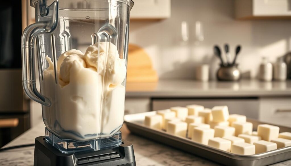 A kitchen counter with a high-powered blender in the foreground, its blades whirring as it blends a creamy, soft-serve-like ice cream. In the background, a tray of frozen ice cream cubes sits on the counter, ready to be added to the blender. The scene is lit by soft, natural light, casting a warm glow over the ingredients. The kitchen has a clean, modern aesthetic, with minimal clutter, emphasizing the simplicity of the no-churn blender method. The overall atmosphere is one of effortless, homemade indulgence.