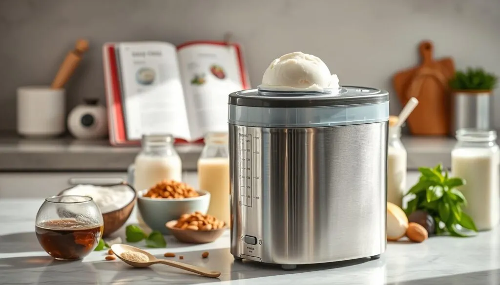 A kitchen counter with a stainless steel ice cream maker sitting in the foreground, surrounded by a variety of fresh, dairy-free ingredients such as coconut milk, almond milk, and natural sweeteners like maple syrup or dates. In the background, a partially visible cookbook or tablet displays the recipe steps, with a clean, minimalist aesthetic. The lighting is soft and natural, casting a warm glow over the scene, evoking a sense of homemade, wholesome indulgence. The overall atmosphere is one of simplicity, health-consciousness, and the joy of creating a delicious, dairy-free, sugar-free ice cream treat.