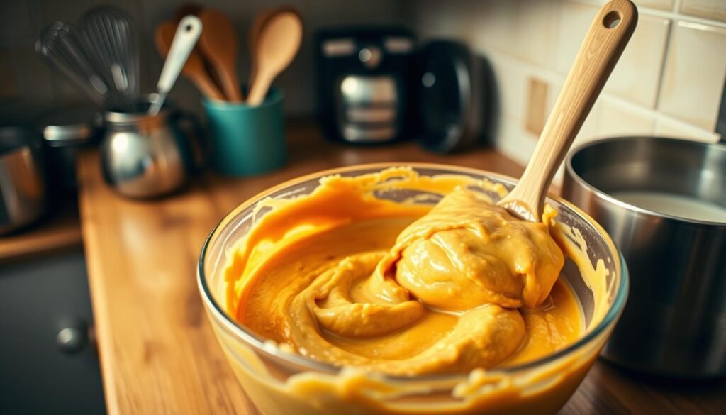 A kitchen counter with a wooden surface, neatly arranged baking utensils, and a mixing bowl filled with a creamy, golden-brown butterscotch mixture. The scene is bathed in warm, soft lighting, creating a cozy and inviting atmosphere. The focus is on the butterscotch mixture, showcasing its rich, velvety texture and deep caramelized flavor, without the presence of an ice cream maker. The background is blurred, allowing the butterscotch mixture to be the central point of attention, guiding the viewer's gaze towards the homemade, no-churn ice cream preparation process.
