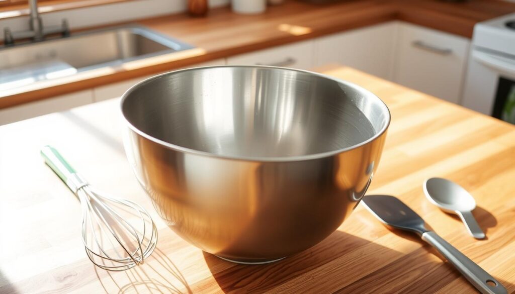 A large, stainless steel mixing bowl rests on a wooden kitchen countertop, illuminated by natural light pouring through a nearby window. The bowl has a smooth, gleaming surface, reflecting the surroundings. Nearby, a whisk and a spatula sit neatly, hinting at the culinary preparation to come. The scene exudes a sense of order and anticipation, setting the stage for the creation of a delightful homemade treat.