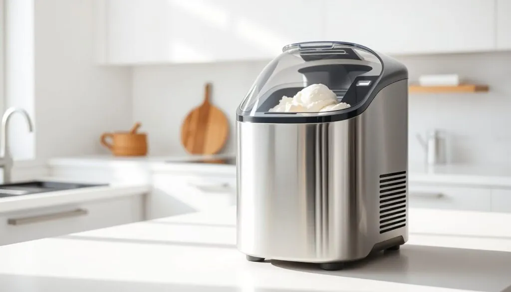 A modern, high-quality ice cream maker with a sleek stainless steel housing, a transparent lid, and a sturdy bowl. The machine is placed on a pristine white countertop, bathed in soft, natural lighting that gently illuminates its polished surfaces. The machine's controls are clearly visible, inviting the user to effortlessly create delicious, creamy ice cream. In the background, a minimalist kitchen with clean lines and neutral tones creates a serene, elegant atmosphere, perfectly complementing the ice cream maker's design and purpose.