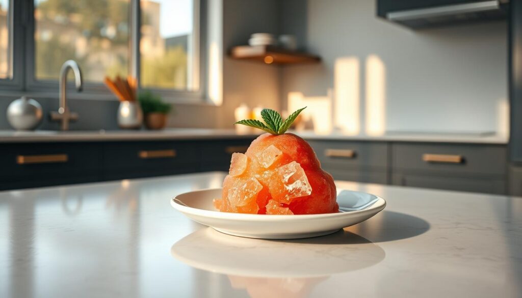 A modern, minimalist kitchen counter with a freshly prepared sorbet dessert, garnished with a sprig of mint, presented on a simple white ceramic plate. The sorbet has a vibrant, icy texture, glistening under the warm, soft lighting from a large window. The plate is placed in the center of the frame, with a sense of depth and balance, inviting the viewer to immediately dig in and savor the refreshing treat. The overall mood is clean, crisp, and appetizing, reflecting the healthy, homemade nature of the sorbet.