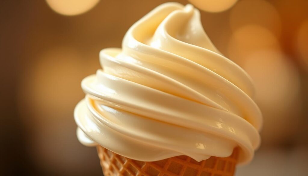 A pristine scoop of vanilla soft serve ice cream, glistening under a warm spotlight. The creamy, pillowy texture is accentuated by delicate swirls, while a subtle sheen reflects the high-fat content. The cone, slightly tilted, provides a harmonious contrast with the smooth, ivory-colored treat. The background is blurred, allowing the focus to remain solely on the decadent dessert, exuding a sense of indulgence and culinary craftsmanship. Soft, diffused lighting casts gentle shadows, enhancing the three-dimensional quality and inviting the viewer to experience the sensory delight of this classic, yet elevated, frozen treat.