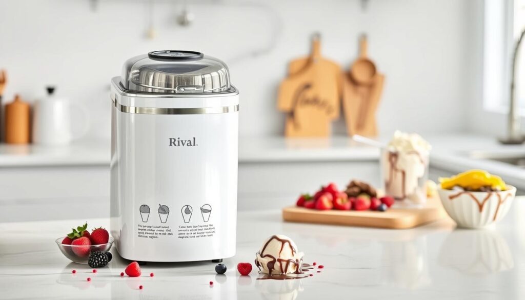 A pristine white Rival ice cream maker sits prominently on a sleek kitchen counter, gleaming under soft, diffused lighting. Detailed instructions are displayed in the foreground, with step-by-step visuals demonstrating proper scooping, churning, and flavoring techniques. The background features an array of fresh, vibrant ingredients - ripe berries, drizzled chocolate, and a variety of ice cream toppings, creating a mouth-watering, aspirational scene. The overall composition conveys a sense of culinary mastery and the joy of homemade ice cream.