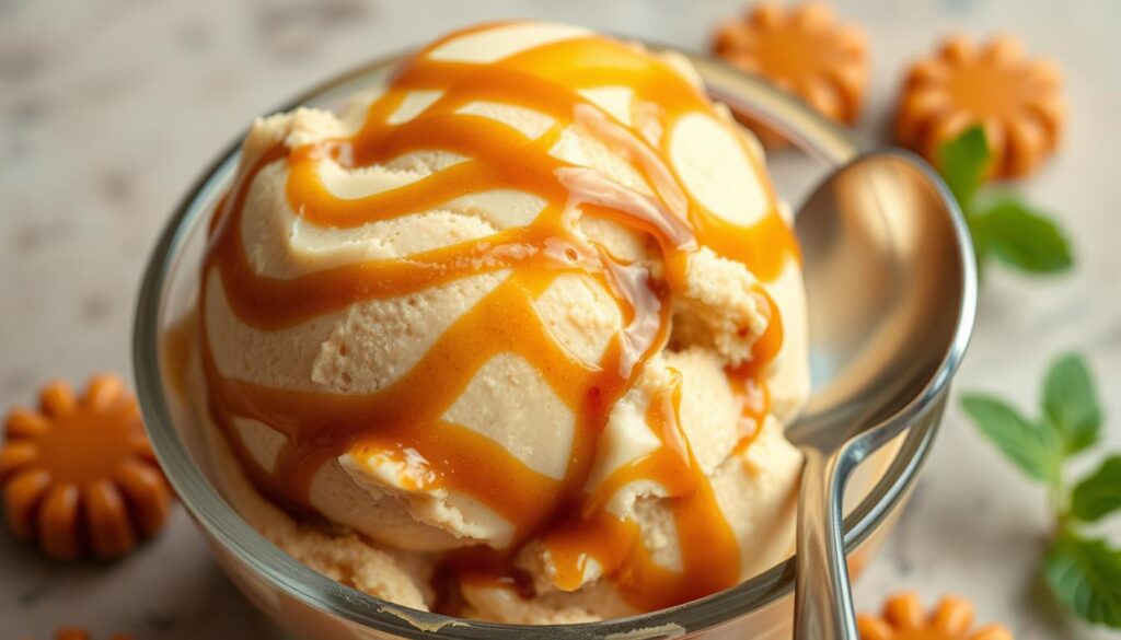 A scoop of homemade butterscotch ice cream, glistening with a rippled swirl of deep caramel-colored sauce. The creamy base is flecked with tiny vanilla bean specks, contrasting with the rich, toffee-like flavor. Soft lighting casts a warm glow, highlighting the intricate patterns in the sauce as it weaves through the frozen treat. The ice cream is scooped into a classic glass or ceramic bowl, with a spoon resting invitingly on the side. Surrounding the bowl, a few whole butterscotch candies and a sprig of fresh mint add a touch of rustic elegance. The overall scene evokes a feeling of comforting indulgence, perfect for elevating a simple dessert.