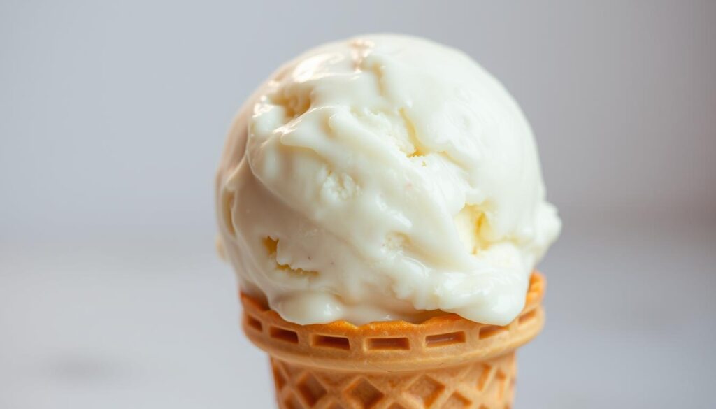 A scoop of luscious ice cream, its surface shimmering with a light glaze, sits atop a crisp waffle cone. Vibrant highlights dance across the creamy texture, casting a warm, inviting glow. The cone's golden-brown hue provides a delightful contrast, while a subtle shadow beneath adds depth and dimension. Soft, diffused lighting bathes the scene, creating a cozy, nostalgic atmosphere. The overall composition is clean, focused, and captures the essence of a quick, delightful ice cream treat.