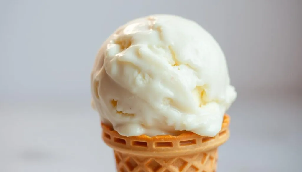 A scoop of luscious ice cream, its surface shimmering with a light glaze, sits atop a crisp waffle cone. Vibrant highlights dance across the creamy texture, casting a warm, inviting glow. The cone's golden-brown hue provides a delightful contrast, while a subtle shadow beneath adds depth and dimension. Soft, diffused lighting bathes the scene, creating a cozy, nostalgic atmosphere. The overall composition is clean, focused, and captures the essence of a quick, delightful ice cream treat. A scoop of luscious ice cream, its surface shimmering with a light glaze, sits atop a crisp waffle cone. Vibrant highlights dance across the creamy texture, casting a warm, inviting glow. The cone's golden-brown hue provides a delightful contrast, while a subtle shadow beneath adds depth and dimension. Soft, diffused lighting bathes the scene, creating a cozy, nostalgic atmosphere. The overall composition is clean, focused, and captures the essence of a quick, delightful ice cream treat.