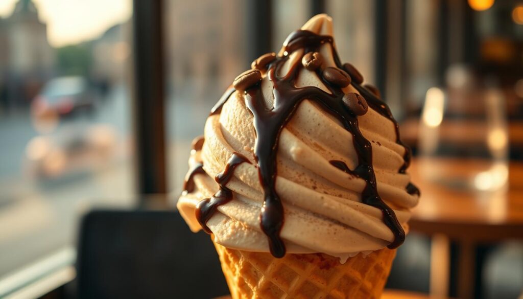 A smooth, creamy soft serve base with a velvety texture, glistening under a warm studio light. The base has a delicate ivory hue, swirling and spiraling into a perfectly shaped cone. Mouthwatering details capture the premium quality, ready to be transformed into an endless array of craveable flavors. The composition is centered, with a clean, minimalist background allowing the base to be the star of the image. Soft, diffused lighting from above casts gentle shadows, accentuating the lush, inviting appearance. The overall mood is one of indulgence and premium artisanal appeal.