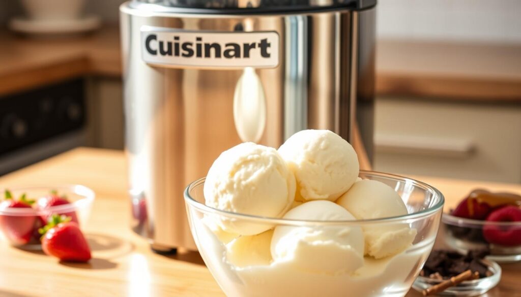 A shiny, sleek Cuisinart ice cream maker standing on a wooden kitchen counter, its chrome finish gleaming under soft, natural lighting. In the foreground, freshly churned vanilla ice cream is being scooped into a glass bowl, its creamy texture and glistening surface visible. The appliance is surrounded by various baking ingredients - fresh strawberries, chocolate shavings, and a drizzle of caramel sauce, suggesting the endless possibilities for homemade frozen treats. The scene conveys a sense of culinary delight and the satisfaction of creating delicious, artisanal ice cream in the comfort of one's own kitchen.