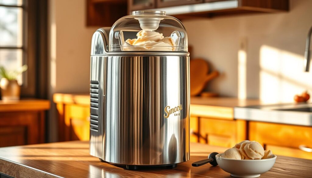 A shiny, stainless steel ice cream maker sits on a wooden countertop, its smooth surface gleaming under the warm, soft lighting of a cozy kitchen. The chrome exterior reflects the natural light filtering in through a nearby window, casting a gentle glow on the appliance. The machine's body is sleek and modern, with a clear lid that reveals the inner workings, allowing a glimpse of the slowly churning cream and sugary mixture within. Nearby, a scoop and a few scoops of the finished, creamy butterscotch ice cream sit in a bowl, ready to be savored and enjoyed.