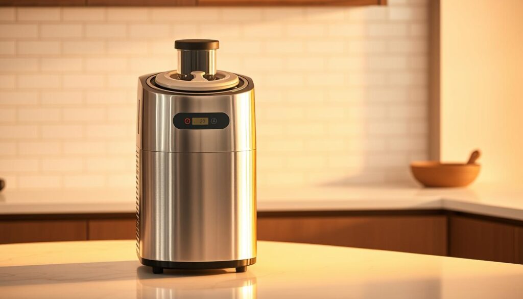 A sleek and modern ice cream maker standing on a pristine kitchen counter, bathed in warm, golden lighting that casts a soft glow on its stainless steel exterior. The machine's controls are intuitive and clearly visible, inviting the user to effortlessly create a batch of creamy, indulgent ice cream. In the background, a minimalist tiled backsplash and a subtly patterned floor create a clean, sophisticated backdrop, hinting at the precision and care that will go into the ice cream-making process. The overall scene exudes a sense of anticipation and culinary excellence, perfectly suited to illustrate the "Techniques, tools, and smart variations for creamier results" section of the article on delicious chocolate ice cream.