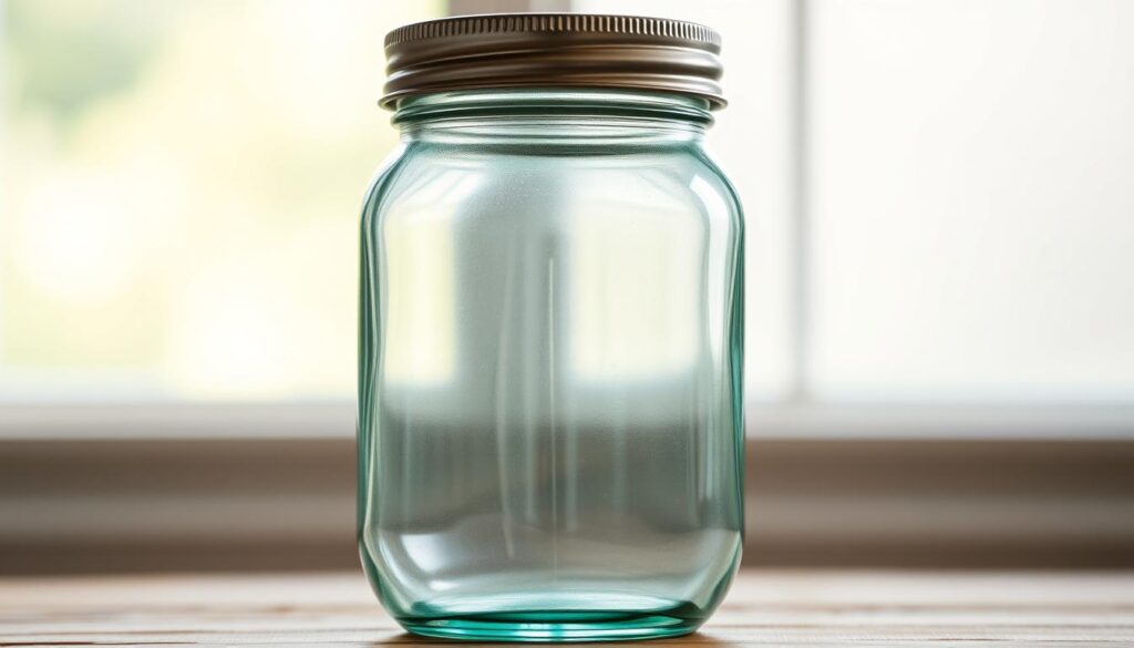 A sleek, borosilicate glass jar with a wide mouth and a tight-fitting metal lid, standing upright on a wooden table or countertop. The jar is backlit by soft, diffused natural light filtering through a window, casting gentle shadows and highlights that accentuate its smooth, cylindrical form. The glass has a slight aqua tint, giving it a clean, modern aesthetic. The metal lid has a brushed finish, complementing the rustic wood surface. The overall scene conveys a sense of simplicity, functionality, and a touch of elegance, suitable for displaying and storing a homemade vanilla bean simple syrup.