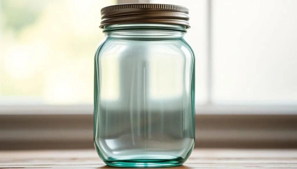 A sleek, borosilicate glass jar with a wide mouth and a tight-fitting metal lid, standing upright on a wooden table or countertop. The jar is backlit by soft, diffused natural light filtering through a window, casting gentle shadows and highlights that accentuate its smooth, cylindrical form. The glass has a slight aqua tint, giving it a clean, modern aesthetic. The metal lid has a brushed finish, complementing the rustic wood surface. The overall scene conveys a sense of simplicity, functionality, and a touch of elegance, suitable for displaying and storing a homemade vanilla bean simple syrup. A sleek, borosilicate glass jar with a wide mouth and a tight-fitting metal lid, standing upright on a wooden table or countertop. The jar is backlit by soft, diffused natural light filtering through a window, casting gentle shadows and highlights that accentuate its smooth, cylindrical form. The glass has a slight aqua tint, giving it a clean, modern aesthetic. The metal lid has a brushed finish, complementing the rustic wood surface. The overall scene conveys a sense of simplicity, functionality, and a touch of elegance, suitable for displaying and storing a homemade vanilla bean simple syrup.