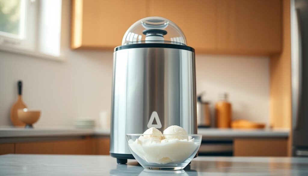 A sleek and modern food processor set against a bright, airy kitchen backdrop. The brushed stainless steel body gleams under soft, natural lighting, casting subtle shadows on the granite countertop. The detachable bowl and various blades and discs are arranged neatly beside the appliance, ready for the next lemon sherbet preparation step. The overall scene conveys a sense of efficiency and culinary confidence, perfectly suited to illustrate the step-by-step lemon sherbet making process.