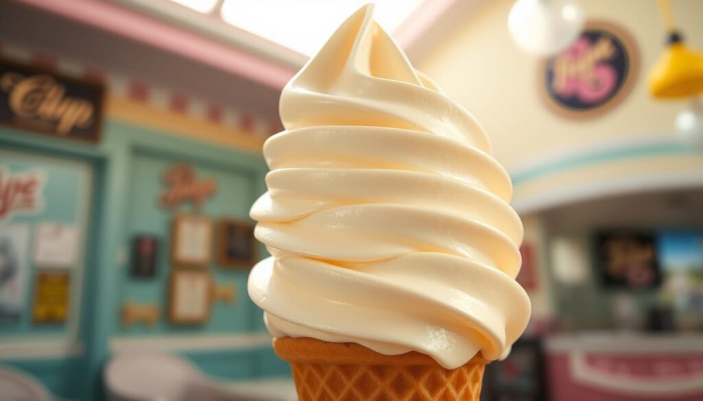 A soft serve ice cream cone, with a swirling peak of creamy vanilla goodness, glistening under warm afternoon sunlight. The ice cream's surface has a delicate, airy texture, as if it were whipped into a cloud-like consistency. The cone is a crisp, golden-brown waffle, providing a satisfying crunch to contrast the silky smooth ice cream. The scene is set against a blurred background of a quaint, vintage-inspired ice cream parlor, with hints of pastel-colored walls and retro decor adding to the nostalgic, comforting atmosphere.