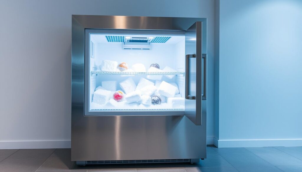 A stainless steel freezer with sleek, modern design, set against a clean, minimalist backdrop. The freezer door is slightly ajar, revealing the icy interior filled with frozen treats. The bright LED lighting casts a cool, blue-tinged glow, creating a crisp, inviting atmosphere. The scene is captured from a slightly low angle, emphasizing the freezer's sturdy, well-engineered construction. The overall composition and lighting evoke a sense of practical functionality and delightful anticipation for the frozen delicacies within.