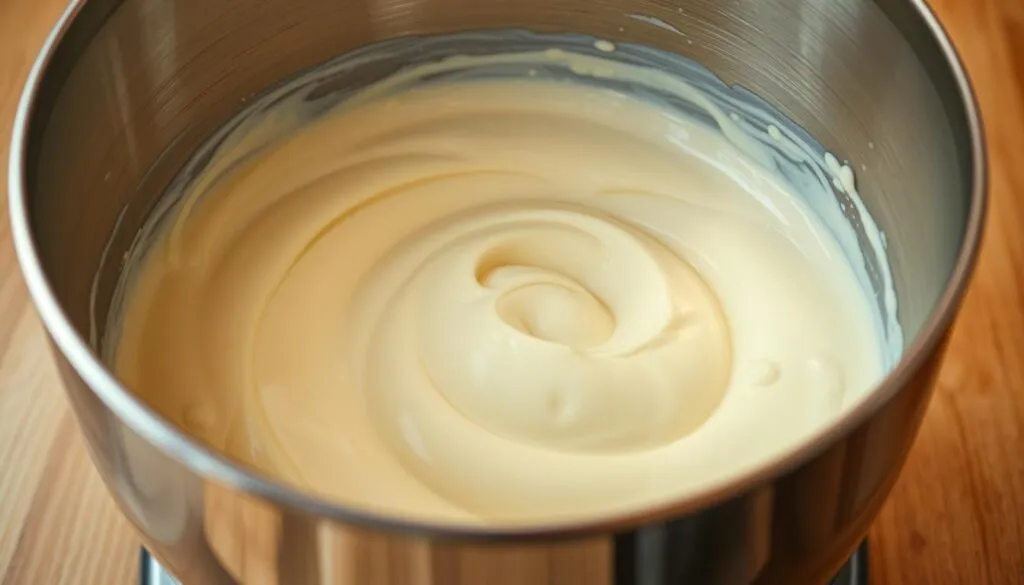A stainless steel mixing bowl filled with a smooth, creamy ice cream base. Glistening custard-like texture, subtly golden hue, and a slight sheen on the surface. Ingredients swirling in a harmonious blend - heavy cream, whole milk, sugar, and vanilla bean specks. Soft, pillowy consistency, ready to be churned into a decadent frozen treat. Backlighting casts a warm, gentle glow, emphasizing the luscious, tempting appearance. Captured in a close-up, high-resolution shot from a low angle, showcasing the luxurious, homemade quality of the base. A stainless steel mixing bowl filled with a smooth, creamy ice cream base. Glistening custard-like texture, subtly golden hue, and a slight sheen on the surface. Ingredients swirling in a harmonious blend - heavy cream, whole milk, sugar, and vanilla bean specks. Soft, pillowy consistency, ready to be churned into a decadent frozen treat. Backlighting casts a warm, gentle glow, emphasizing the luscious, tempting appearance. Captured in a close-up, high-resolution shot from a low angle, showcasing the luxurious, homemade quality of the base.